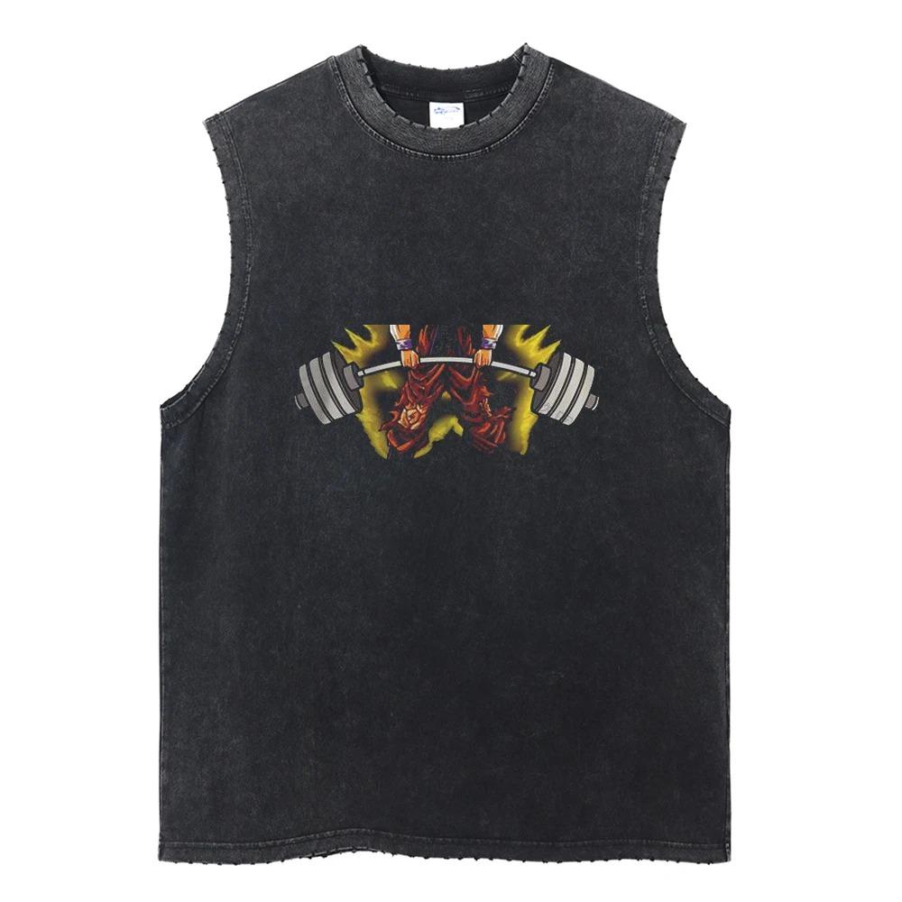 Herren Vintage Weste Streetwear Anime Print Tanktops Unisex Lässige Ärmellose Tops Shirt Sommer Baumwolle Gewaschen Schwarz T-Shirts
