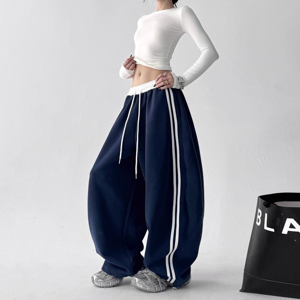 Huamian 2025 Autumn Wide-Leg Striped Sweatpants for Women - Versatile and Casual Drape Style