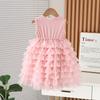 Kinder Mesh Kuchenkleid Sommer Mädchen Ärmellos Schleifenkleid Vielseitiges Flauschiges Langes Kleid