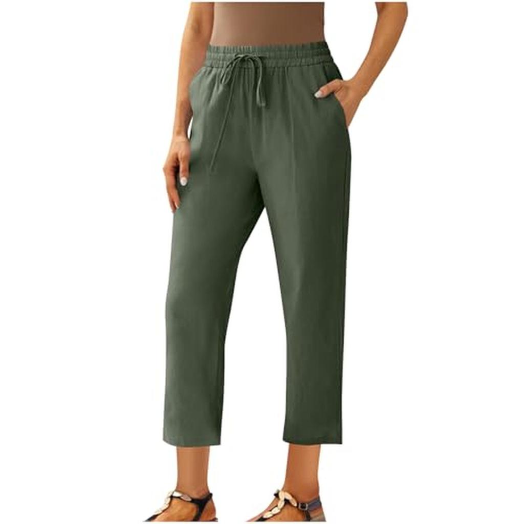 Women's Cropped Pants With Waist Drawstring, Summer Casual Cropped Pants Cotton Cropped Pants