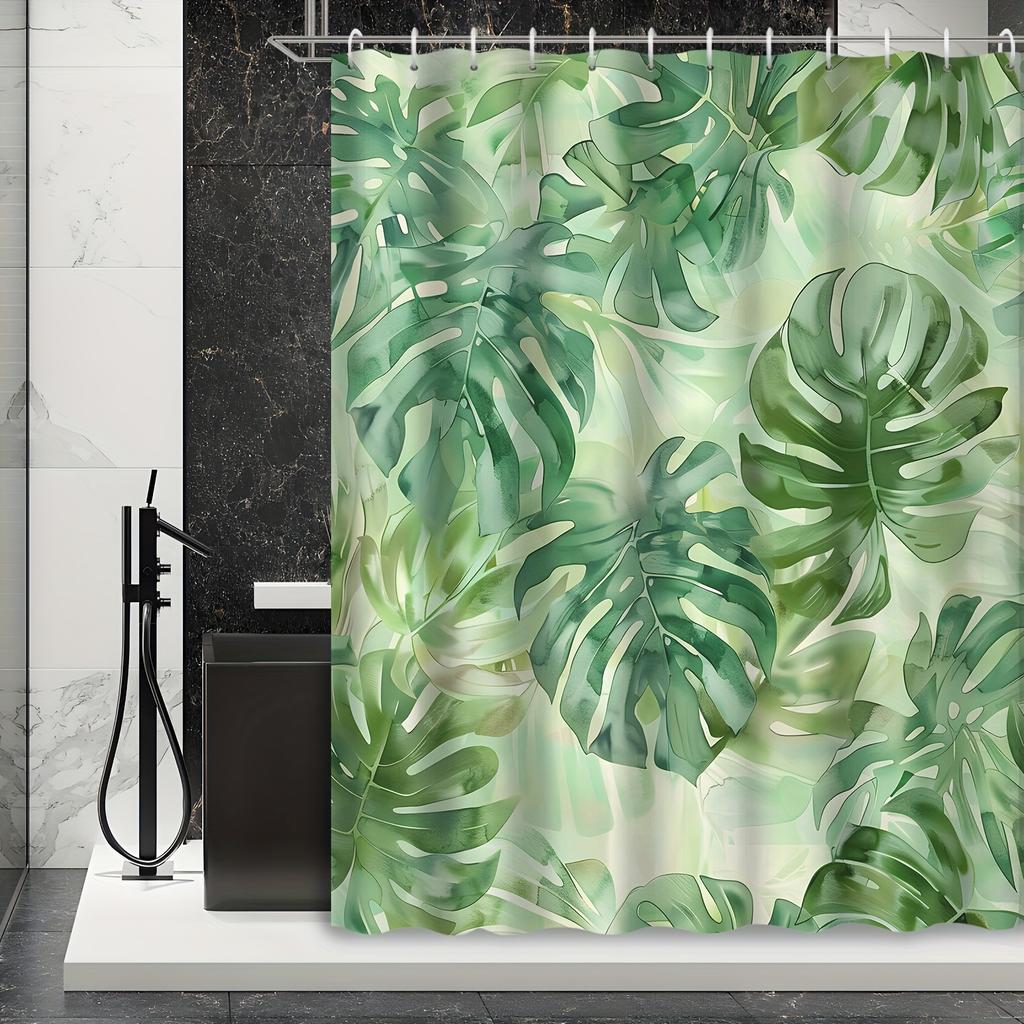 1Pc Watercolor Green Tropical Plant Leaf Bamboo Bath Curtain, 12 Hooks Waterproof Bath Curtain, Bathroom Decoration, For Spring