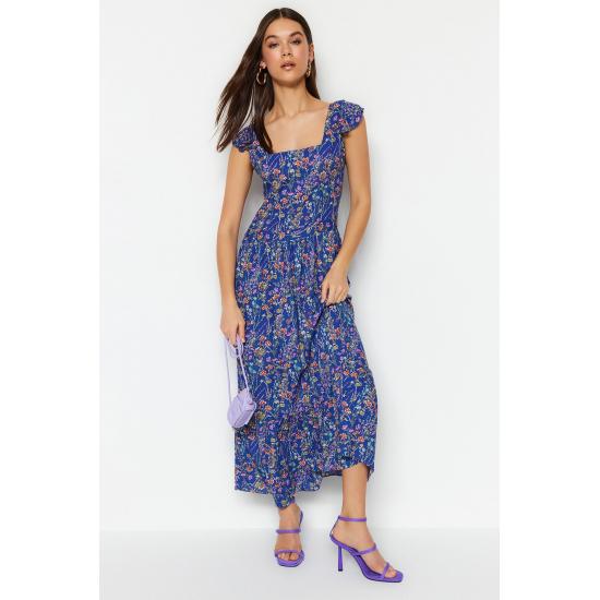 Rochie midi cu modele florale cu mâneci mini cu guler pătrat