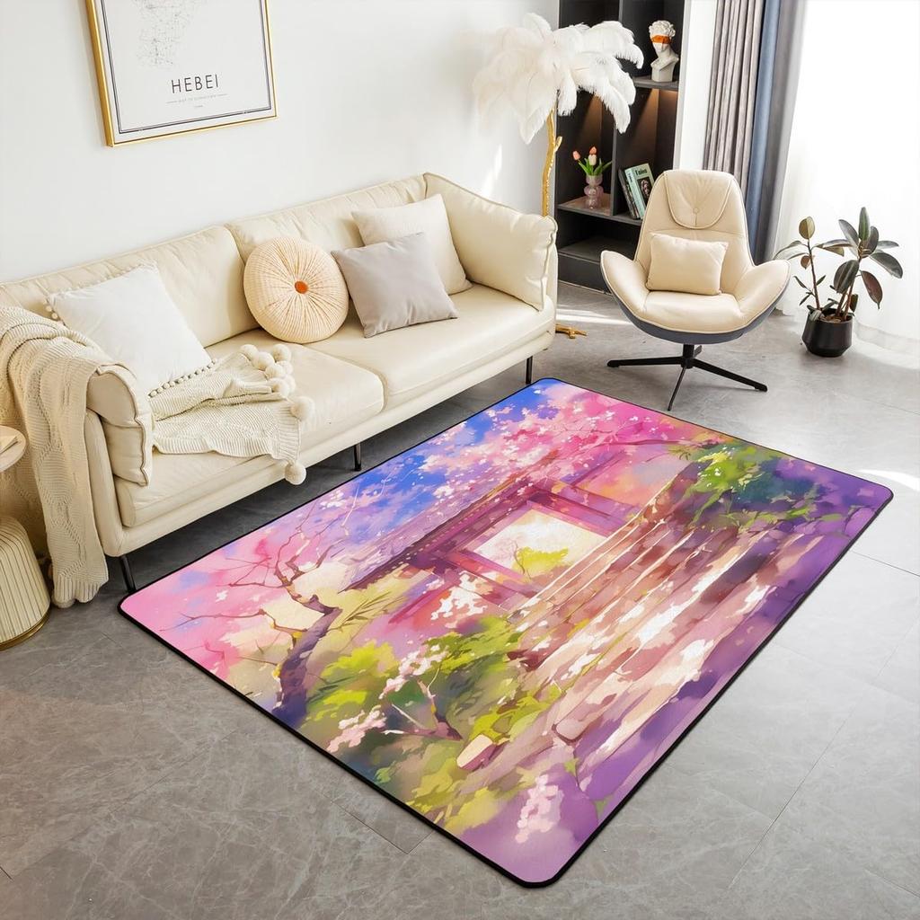 Japanese Samurai & Red Maple Print Area Rug, Non-Slip Floor Mat for Living Room Bedroom, Warrior Design Home Decor Carpet