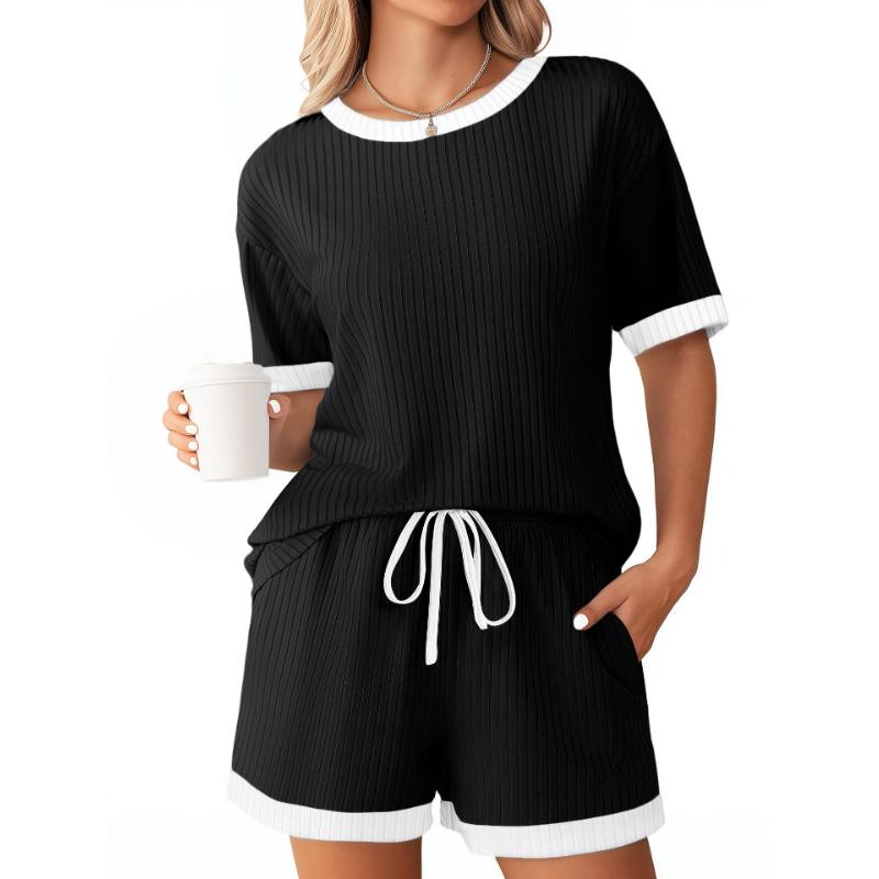 

Women s Ribbed Color Block Pajamas Set Short Sleeve Top and Shorts with Pockets Soft Casual Lounge Wear 2 Piece Sleepwear for Women S чёрный
