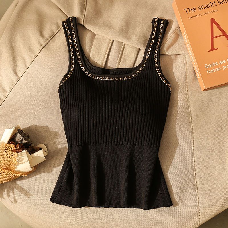 Women's Ice Silk Knit Camisole Summer Slim Fit Stylish Unique Chain Lining Top