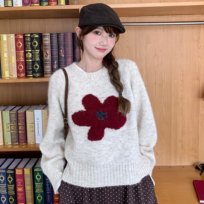 

Dimanaf Женские короткие свитера на осень 2025 года, вязаные, с цветочным узором, базовая модная модель с круглым вырезом, фиолетовый стиль, свободный красный пуловер One Size бежевый