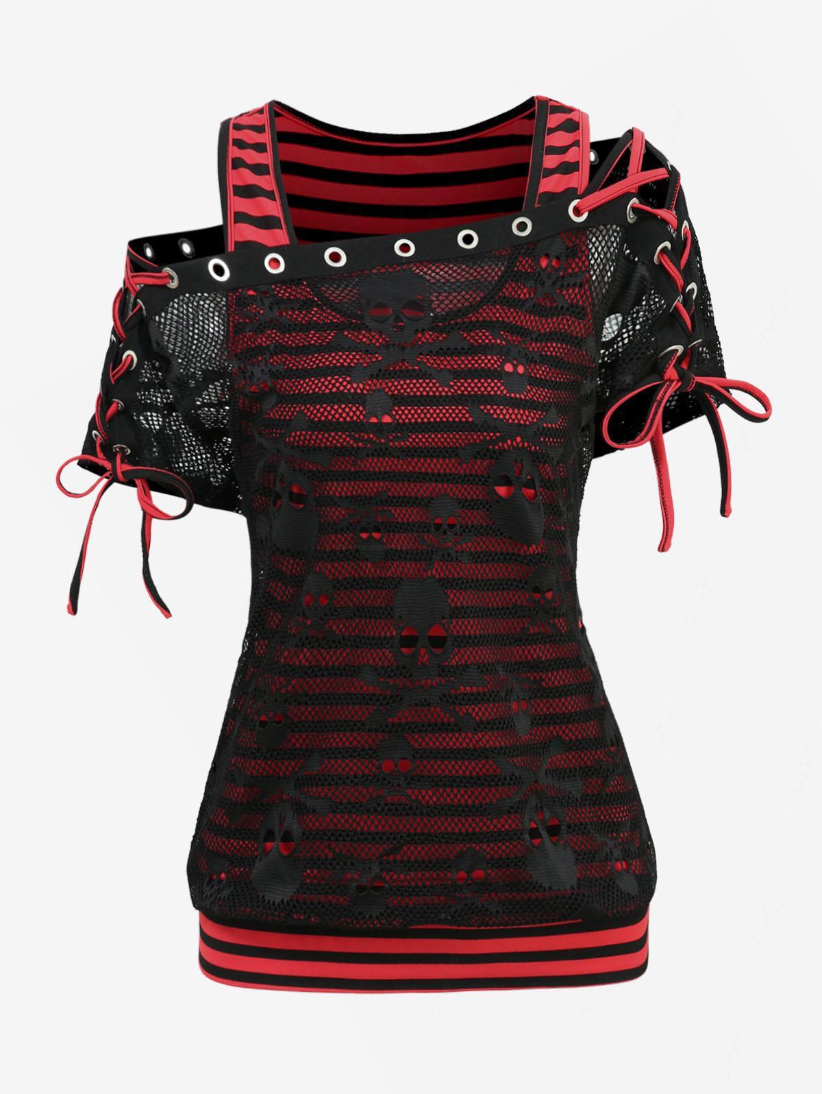 

Женская готическая футболка Rosegal с принтом черепа, сетчатой накидкой, шнуровкой, в полоску, косой воротник, топ 2 в 1 S красный