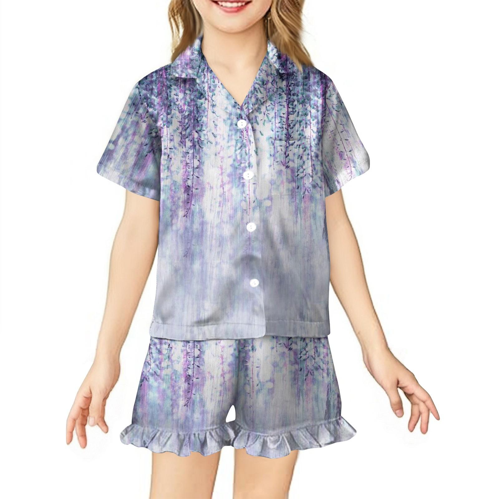 

Children s Home Clothes Pajamas Set Short-sleeved Top Shorts Two-piece Set Outer Wear Play Cardigan Clothes 130 фіолетовий