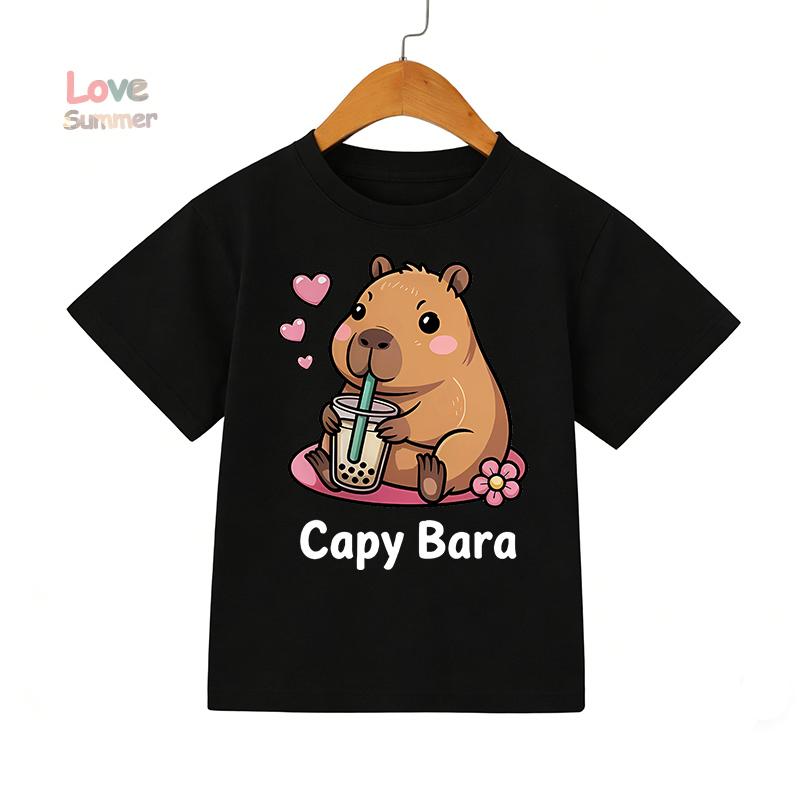 2026 Summer 4-14 Yrs Girls Casual Short-Sleeve T-Shirt Cute Capybara Design Comfortable Fabric for Everyday Outdoor Activities