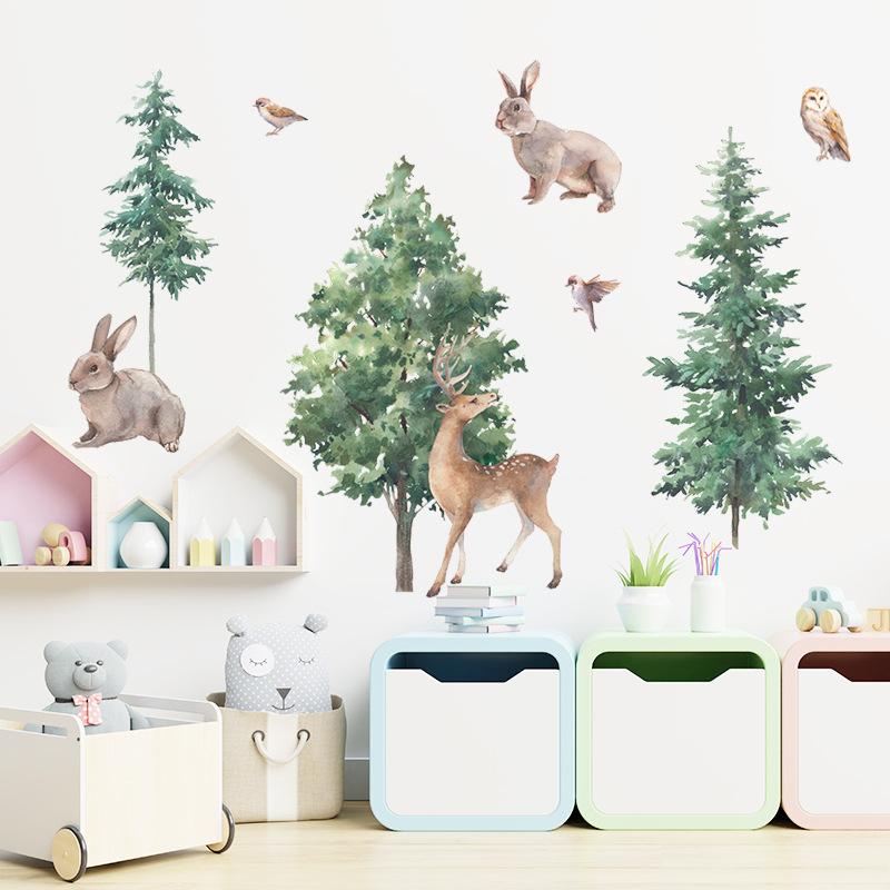 Cartoon Forest Deer Wall Stickers with Pine Trees, Removable Decals for Kids Room Nursery Kindergarten Decor
