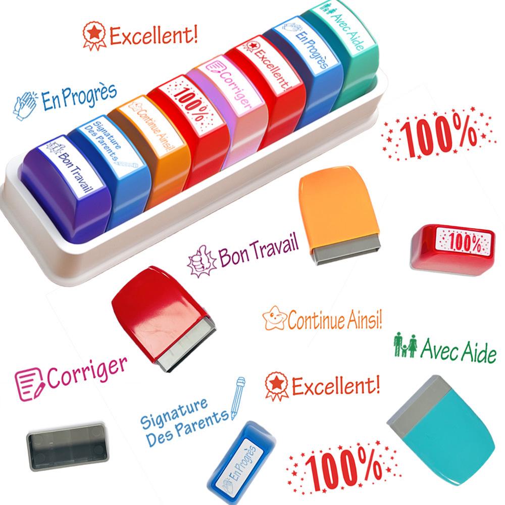 Colorful German & French Teacher Stamps Set - 8 Motivational and Encouraging Designs for Classroom & Homework