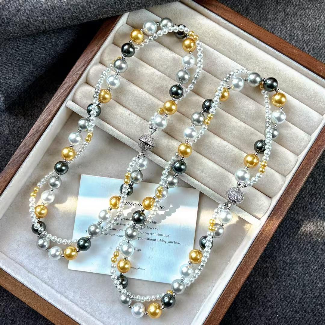 

Intense Light Round High Quality Artificial Crystal Pearl Maillard Double Layer Winding Necklace Collarbone Chain
