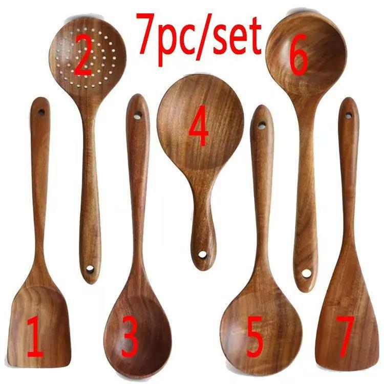 Teak Acacia Wood Kitchen Utensil Set: Spatula, Spoon, Ladle, Turner, Long Handle Rice Spoon