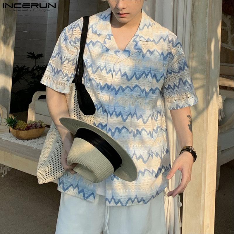 INCERUN Men Lapel Short Sleeve Striped Crochet Hollow Casual Oversized Shirts