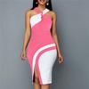 Sexy Patchwork Halter Letní Nové Plážové Šaty bez Rukávů Dámské Oblečení Módní Ležérní Robe Bodycon Šaty s Vysokým Pasem Dámské