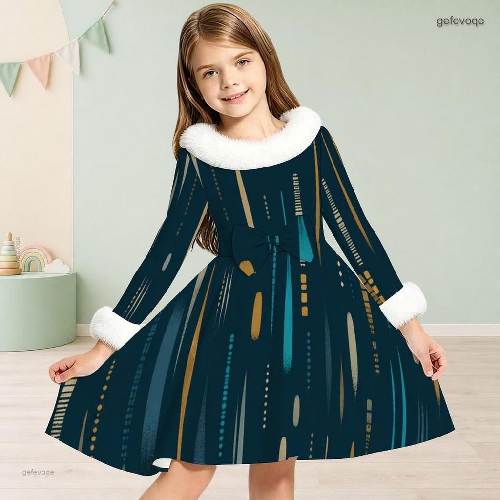 Girls Furry Trim High Neck Long Sleeve Printed Tie Waist A Line Flared Dress