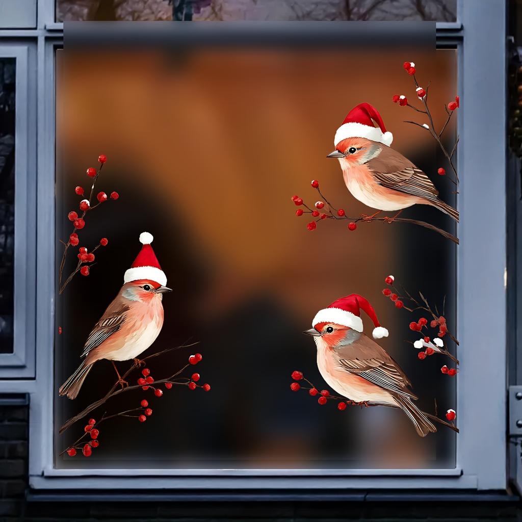 1PC Three Birds in Santa Hats Window Stickers Christmas Theme Red Berry Branches Decorative Wall Stickers for Glass and Window