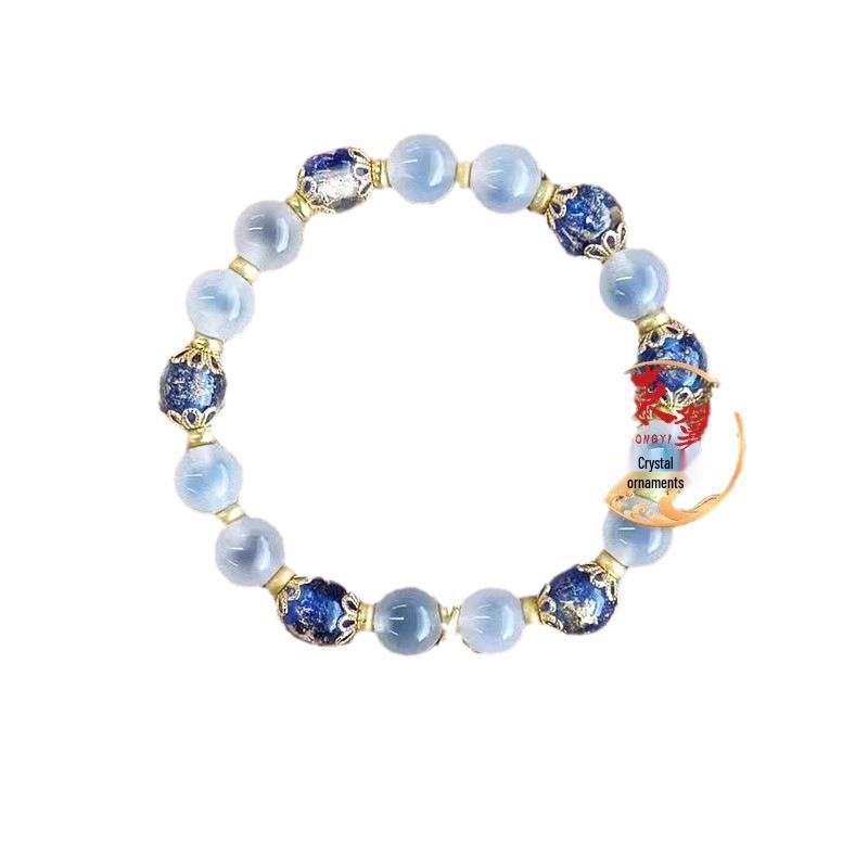 Pulseira da Sorte Feminina de Ágata Coração Açúcar Branco e Folha de Ouro Azul com Esmalte de Porcelana Cinza Clareador Dopamina.
