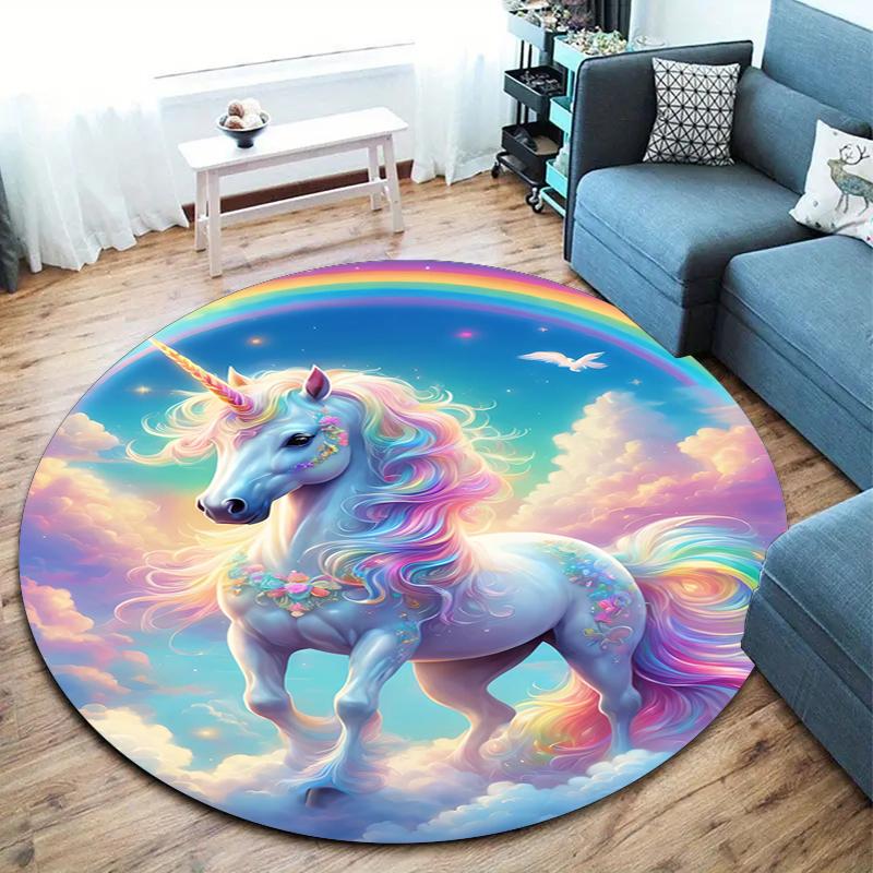 1Pc Cute Unicorn Circular Print Rug - Home Decoration Carpet For Living Room Bedroom Flooring Computer Chair Area Rug