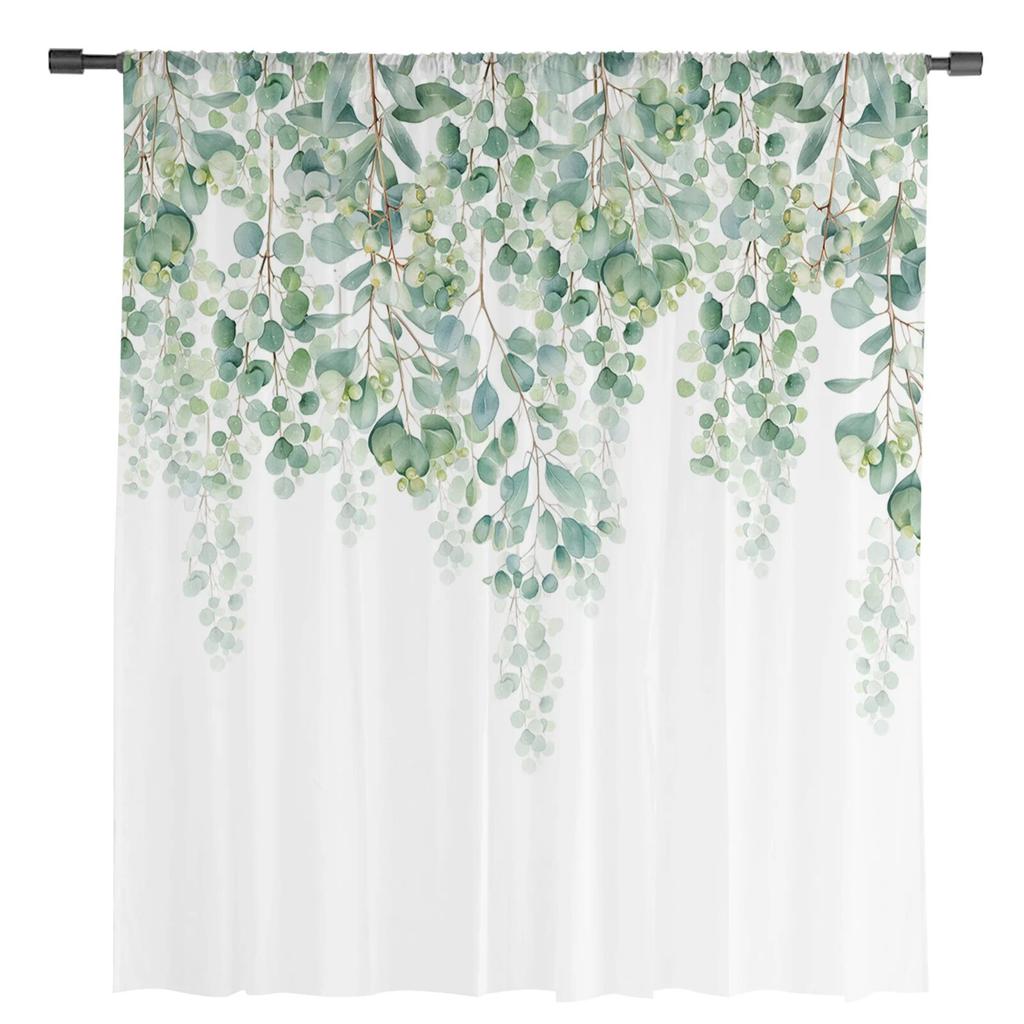 Watercolor Plant Leaf Illustration Green Sheer Window Curtain Tulle Curtains for Livingroom Bedroom Home Decor Voile Drapes