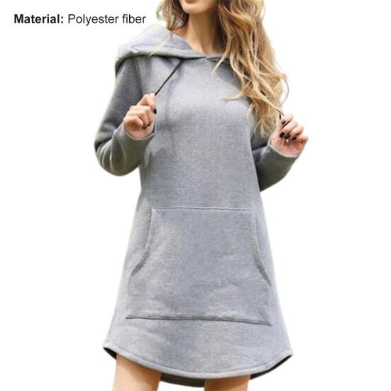 Long Hoodie Solid Color Drawstring Autumn Winter Large Pocket Irregular Hem Hooded Dress for Daily Wear