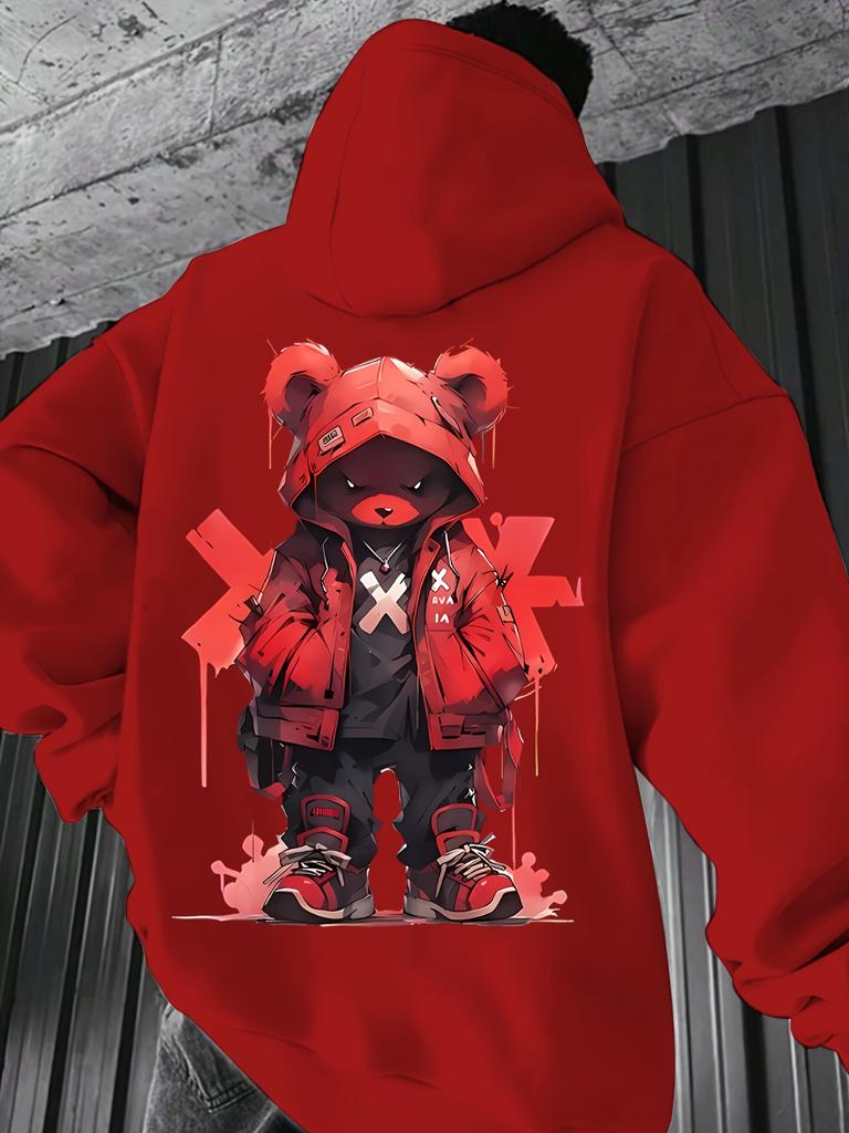 Men's Trendy Cool Bear Print Hoodie - Gray Long Sleeve Pullover with Red Accents, Streetwear Style for Fall/Winter
