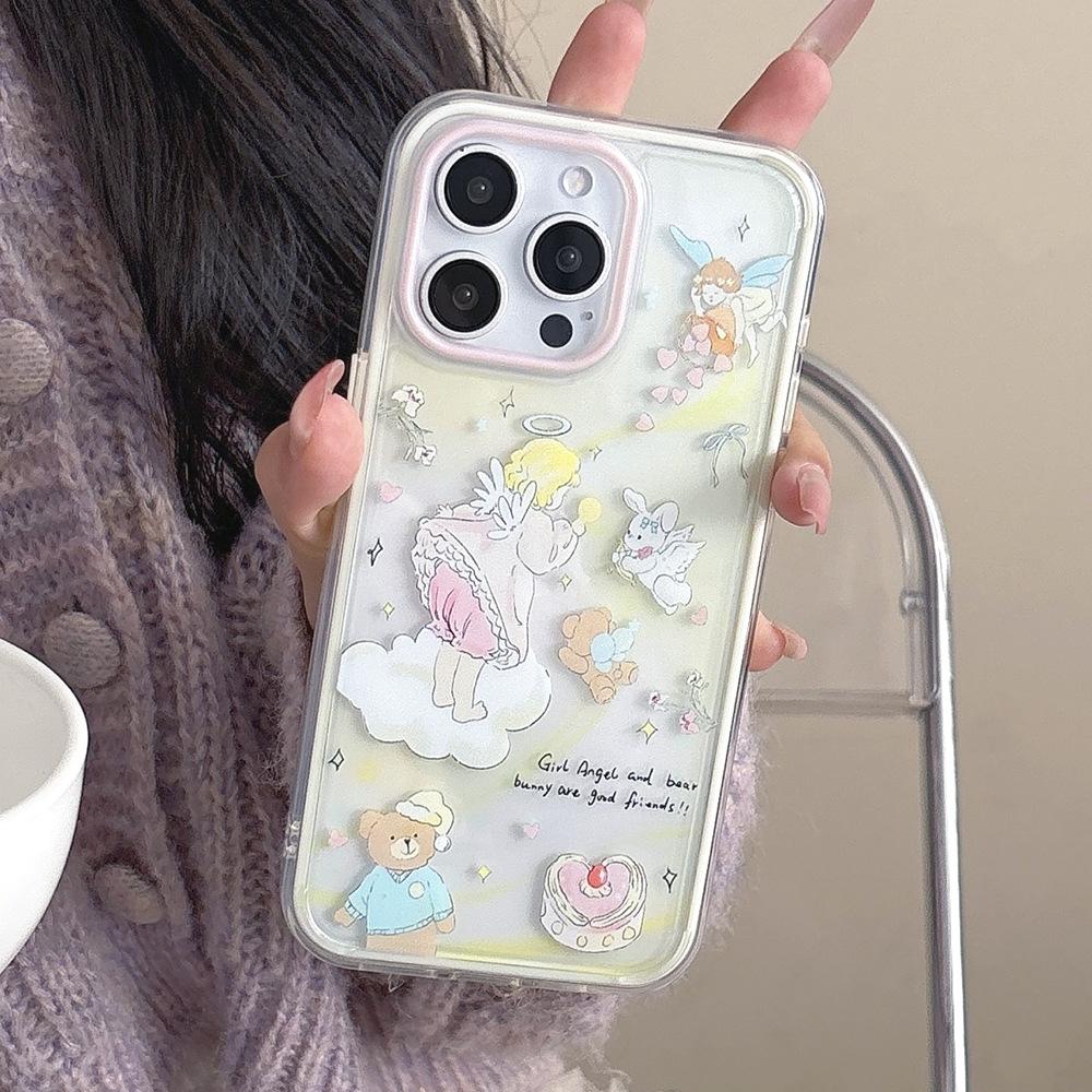 Angel Bear Illustration Suitable for iPhone17 anti-drop mobile phone case Colorful 2-in-1 Apple 16/15 protective case