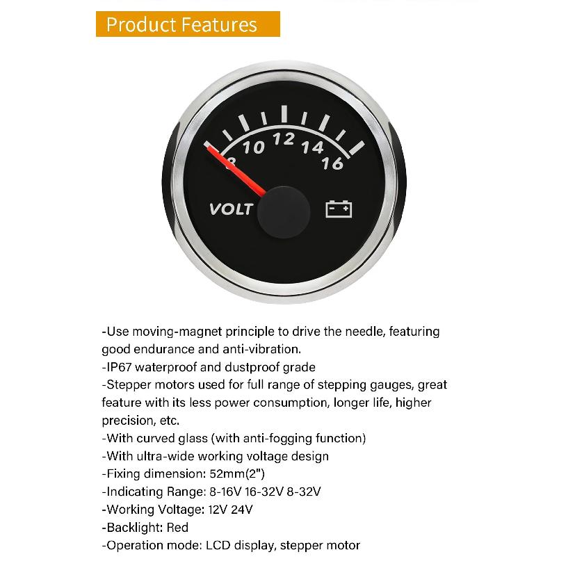 ELING Newest Waterproof Universal 52mm (2") Voltmeter Volt Gauge Meter with Red Backlight for Car Boat Yacht Truck