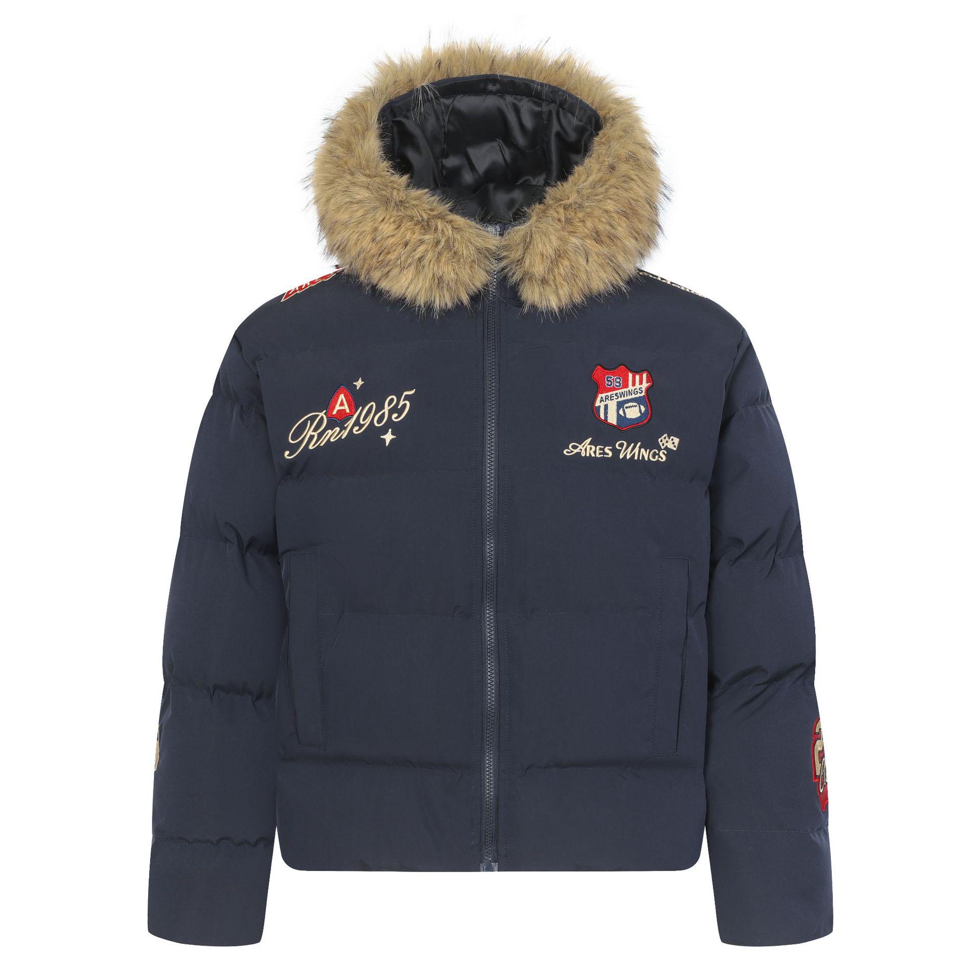 

ARES Fleece-Lined American Style Jacket with Detachable Collar and Golden Eagle Embroidery - Men s Winter Cotton Coat XL темно-синього кольору