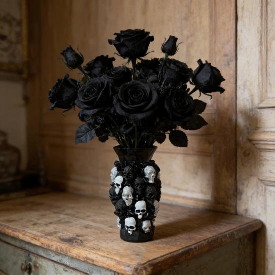 Gothic Skull Flower Vase Ornament Spooky Black White Skull Dried Artificial Flower Holder