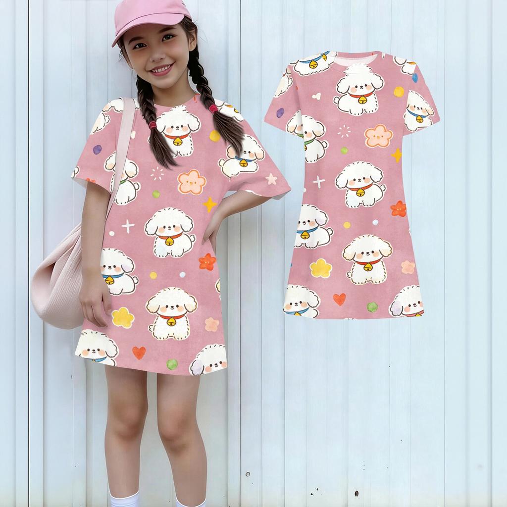 Girls Animal Print Dress Short Sleeve Loose Fit Round Neck Lightweight Casual Dress for Kids Summer Wear