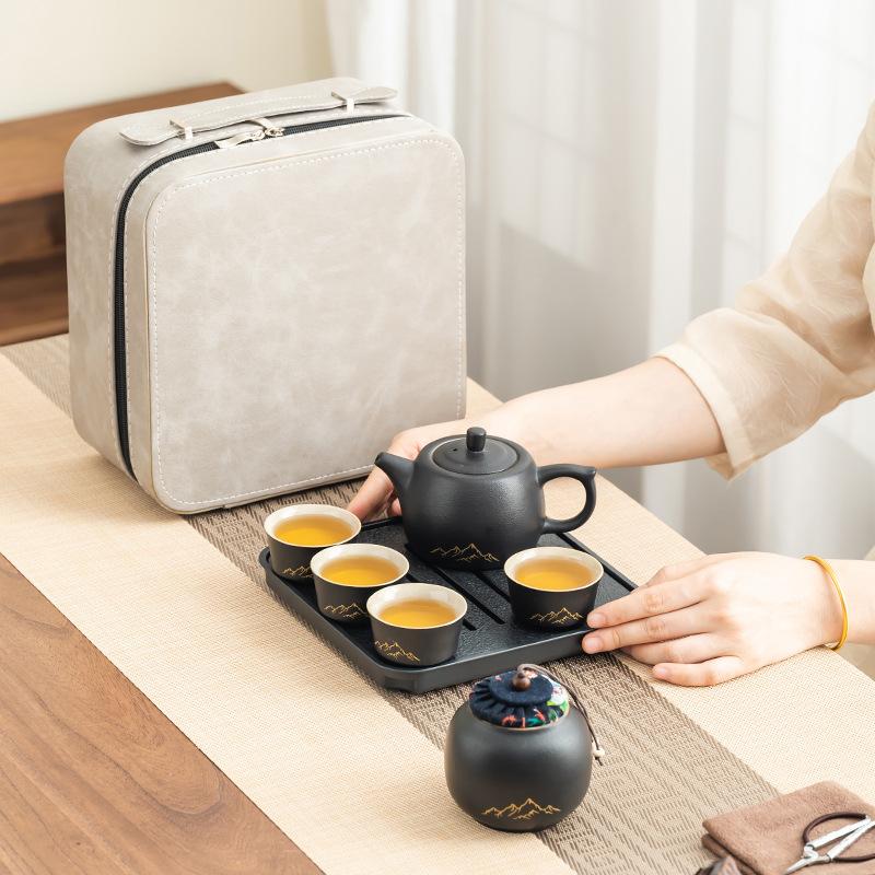Kung Fu tea set, portable teapot for business trip, high-end light luxury travel outdoor tea tray small set