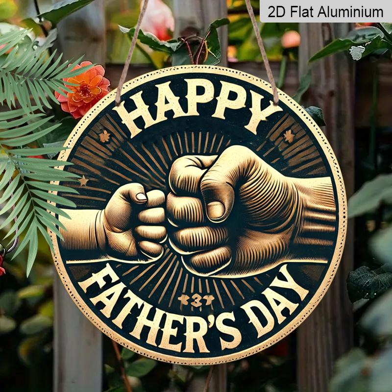 2D Flat, 1pc Round Aluminum Happy Father's Day Sign, Vintage Fist Bump Dad & Child Design, Retro Gold & Black Wall Decor, Waterproof & Durable