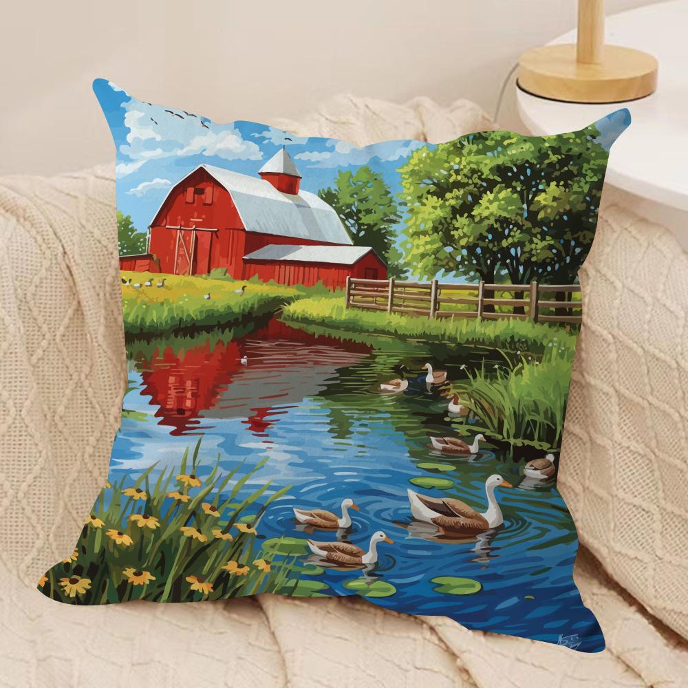 Colorful Farm Painting Cushion Cover Soft Plush Throw Pillow Cover DoubleSided Decorative Cushion Case Sofa Bedroom Home Decor
