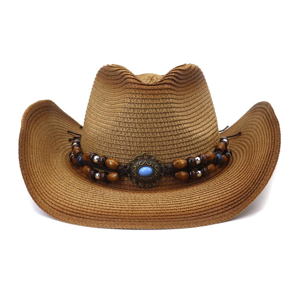 Decorative Beaded Straw Cowboy Hats Women Men Summer UV Protection Beach Holiday Sun Caps Outdoor Wide Brim Cowgirl Hats