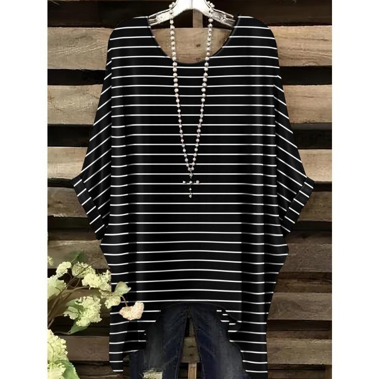 Women Vintage Plaid Stripe Printed Asymmetrical Hem O Neck Short Sleeve T Shirt Casual Fashion Street Top