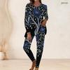 Women Plus Size Black Printed Round Neck Long Sleeve Longline Top Fitted Pants Two Piece Set