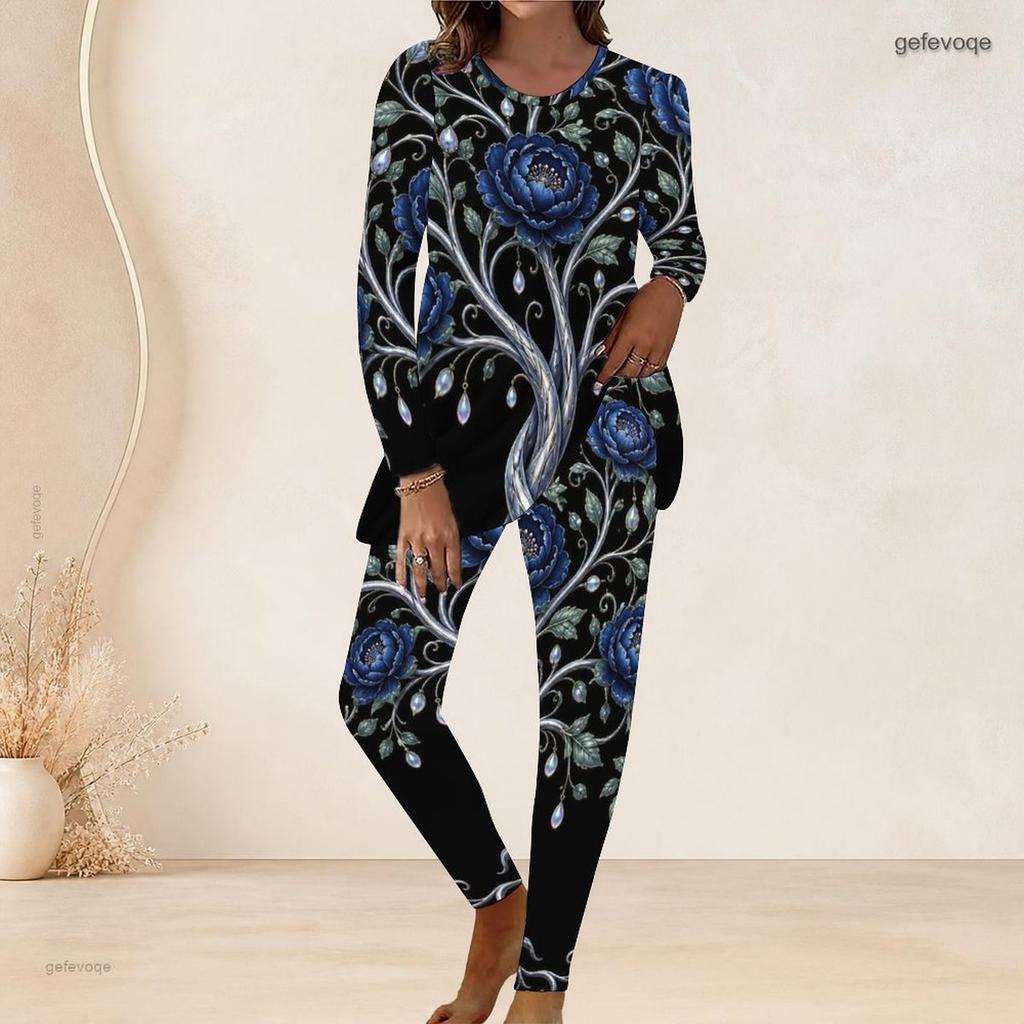 Women Plus Size Black Printed Round Neck Long Sleeve Longline Top Fitted Pants Two Piece Set