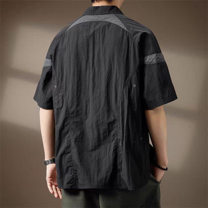 Men Half Zip Contrast Panel Short Sleeve Polo Shirt Oversized Casual Lapel Shirt for Men