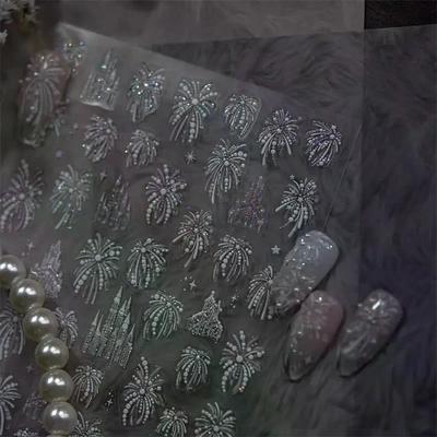 Joli Château de Feux d'Artifice Coloré Scintillant Romantique Pyrotechnie Gaufrage Autocollants Auto-adhésifs pour Art des Ongles Nouvel An Decals Manucure
