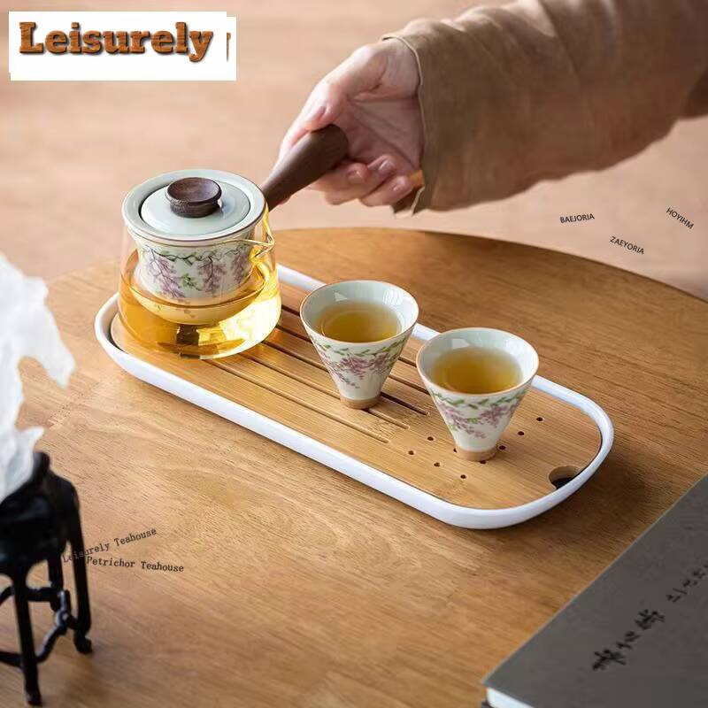 HOYIHM Hand Drawn Wisteria Side Handle Tea Set Complete Set Vintage Tea Ceremony Set Teapot and Tea Cup Set Chinese Tea Set Gift