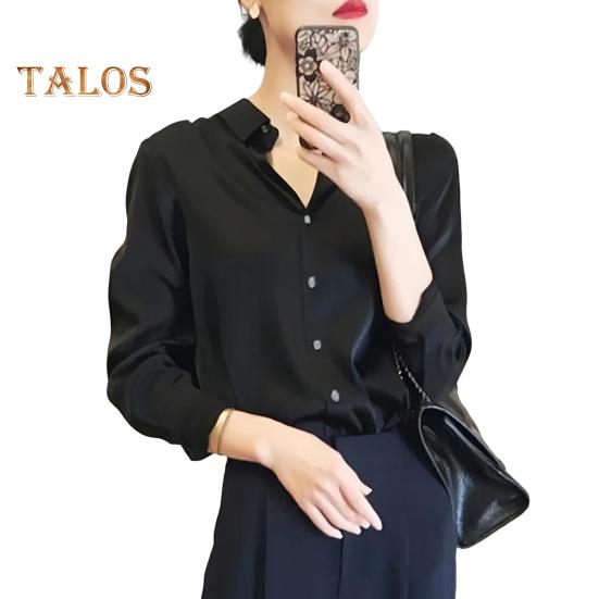 

Женская рубашка с лацканами, длинный рукав, блестящая ткань, официальная рубашка, застежка на пуговицы, однотонная гладкая деловая рубашка для свиданий 2XL чёрный