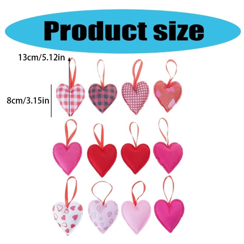 Pack of 12 Plaids Check Fabric Heart Shape Hanging Ornaments Pendants for Valentines Day Wedding Decors Party Supplies
