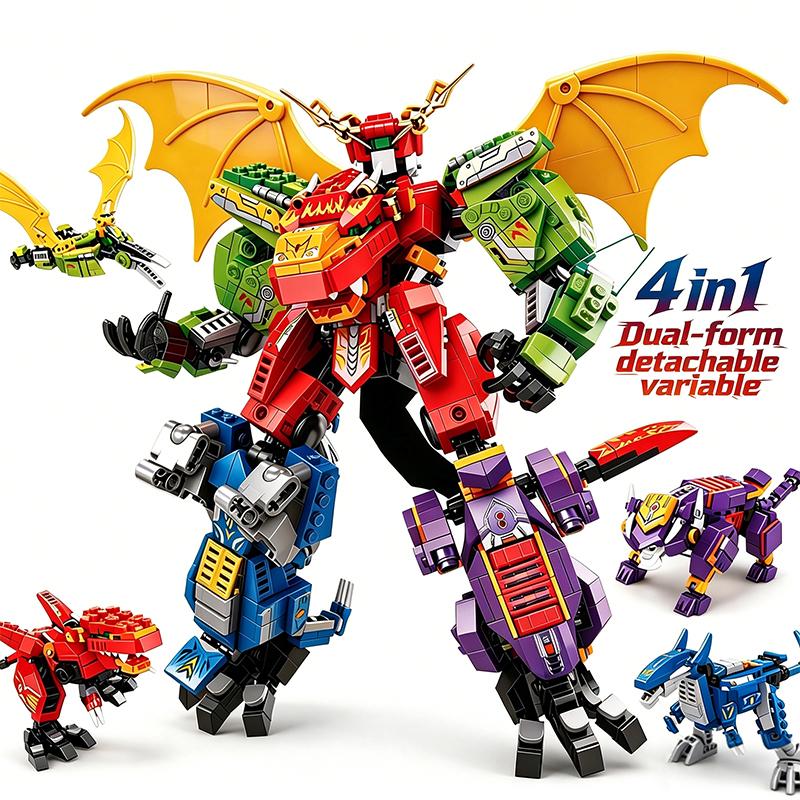 Dinosaur Mech Building Blocks 4in1 Transforming Robot Building Block Dinosaur Animal Building Blocks Childrens Toy Birthday Gift