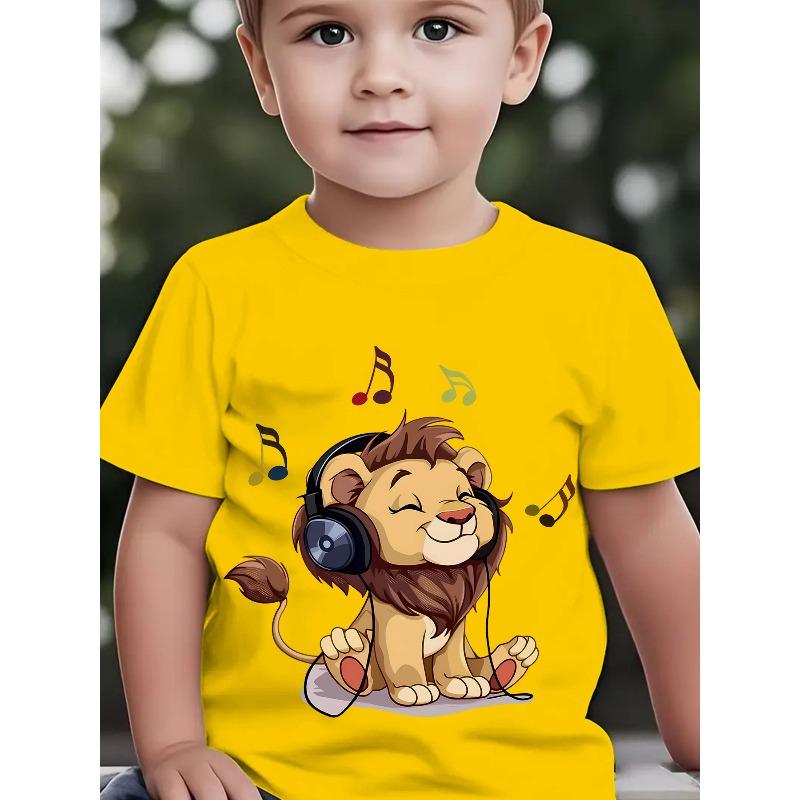 Boys Cute Lion Listening To Music Cartoon Print Crewneck Short Sleeve Tee, Fashion Summer Casual Outdoor Top