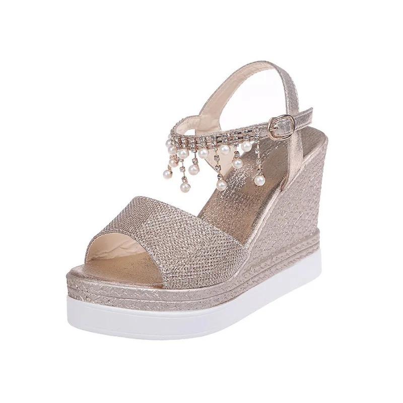 Fashion 2024 New Women Wedge Sandals Summer Bead Studded Detail Platform Sandals Buckle Strap Peep Toe Thick Bottom Casual Shoes Ladies
