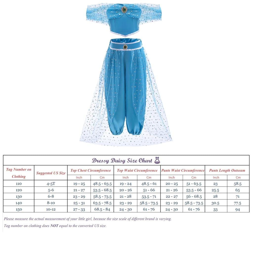 [Dressy Daisy] Toddler Girl Princess Jasmine Costume Cosplay Kids Skirt Aladdin Dress Halloween Costume Blue Size 5-6 Years 115