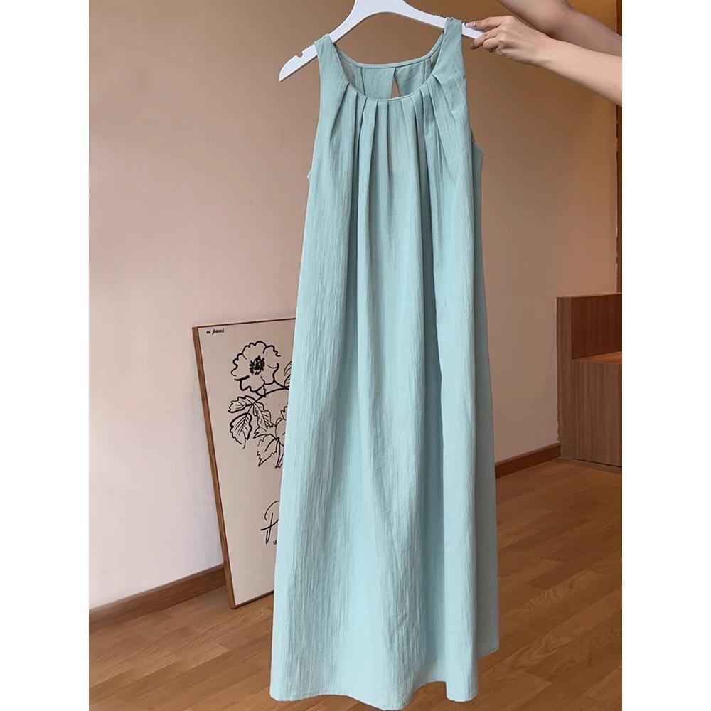 Women's French Sleeveless Vacation Tank Dress - Summer 2025: Solid Color, Loose, Over-the-Knee Long Style