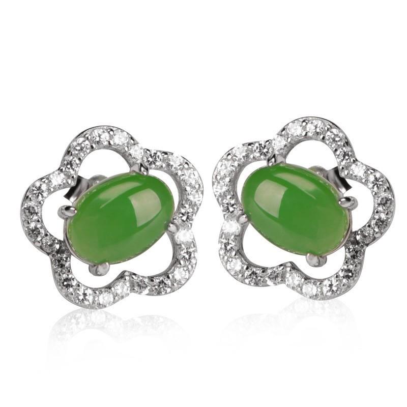 925 Sterling Silver Hetian Jasper Plum Blossom Jade Earrings with Certificate - Ancient Chinese Style