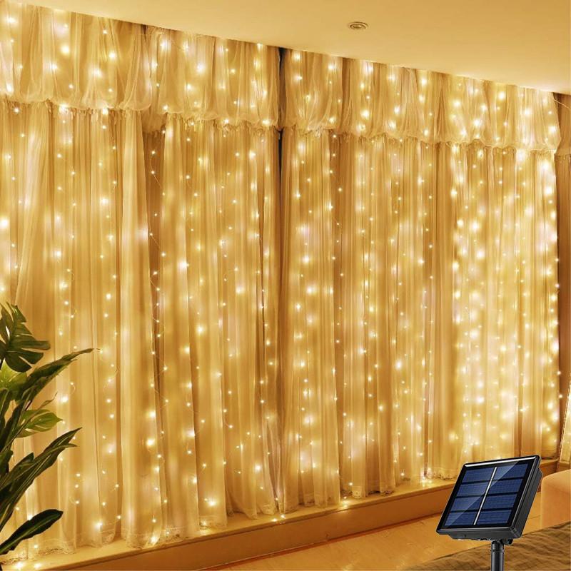 Solar LED Curtain Light Outdoor Garland Solar Fairy String Light Pavilion Garden Party Holiday Christmas Decor Copper Wire Lamps